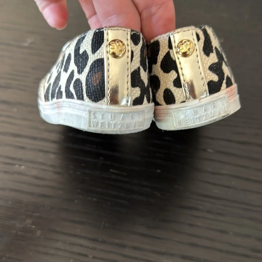 Stuart Weitzman Baby Nuggets animal print metallic gold trim slip on sneakers. 5